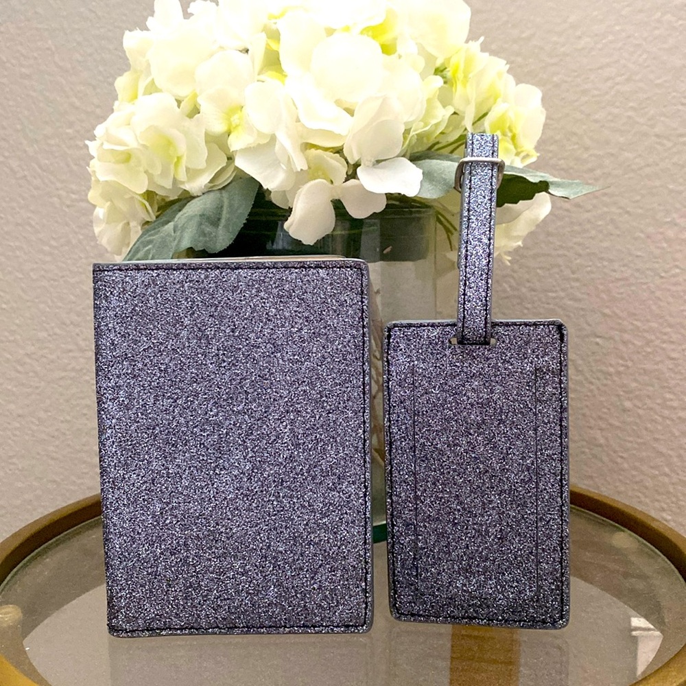 NWOT Nordstrom Gunmetal Silver Leather Glitter Passport wallet Luggage Tag Set